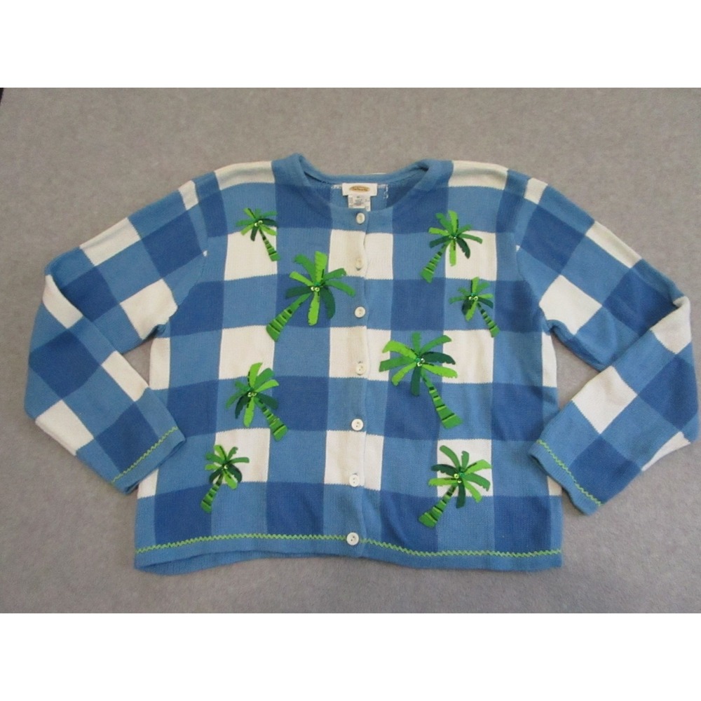 Talbots Sweater Womens Extra Large Blue White Palm Tree Cardigan Beach Vacation